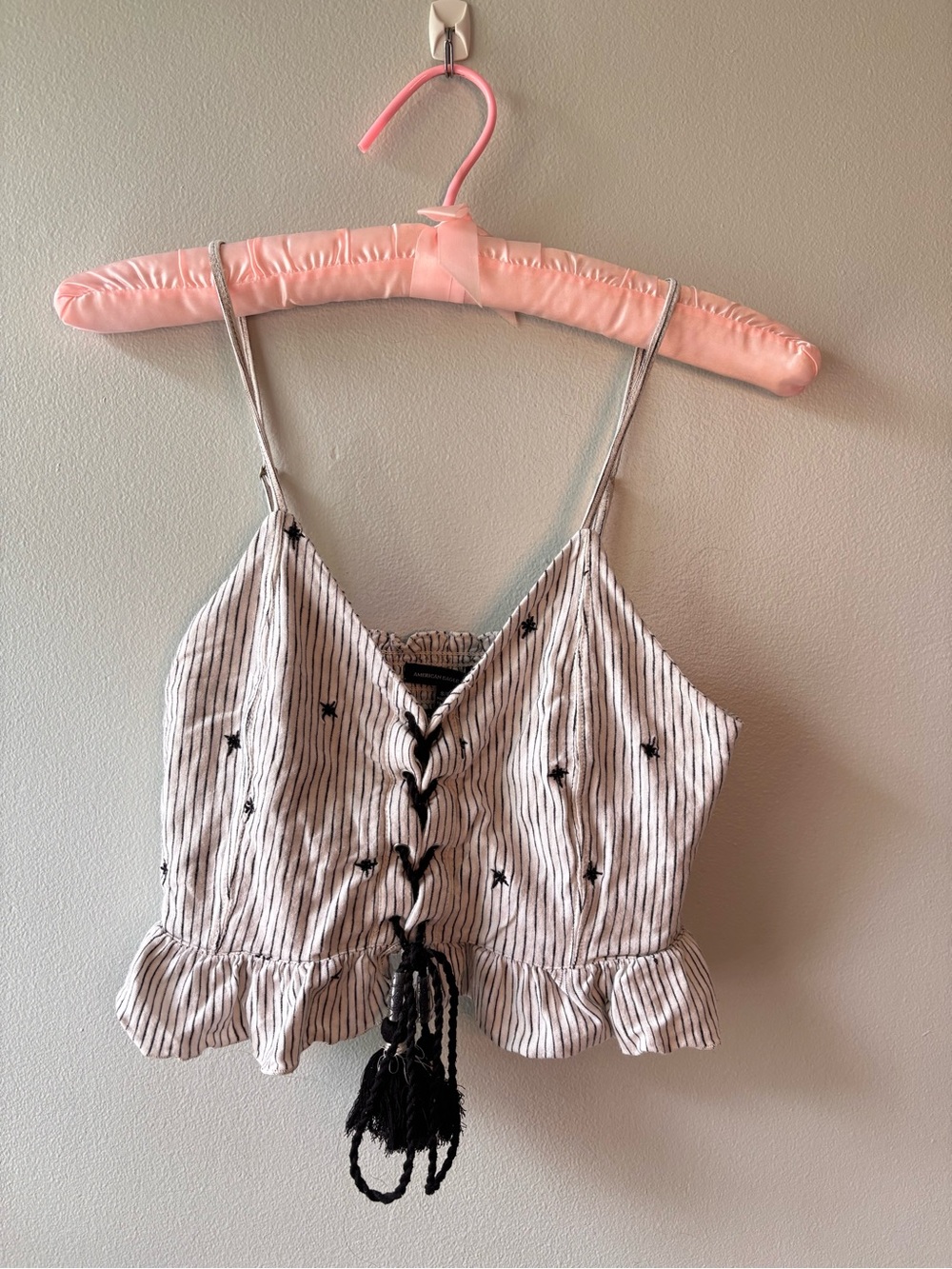 Striped Lace-Up Ruffle Cami Top in Cream with Black Embroidery